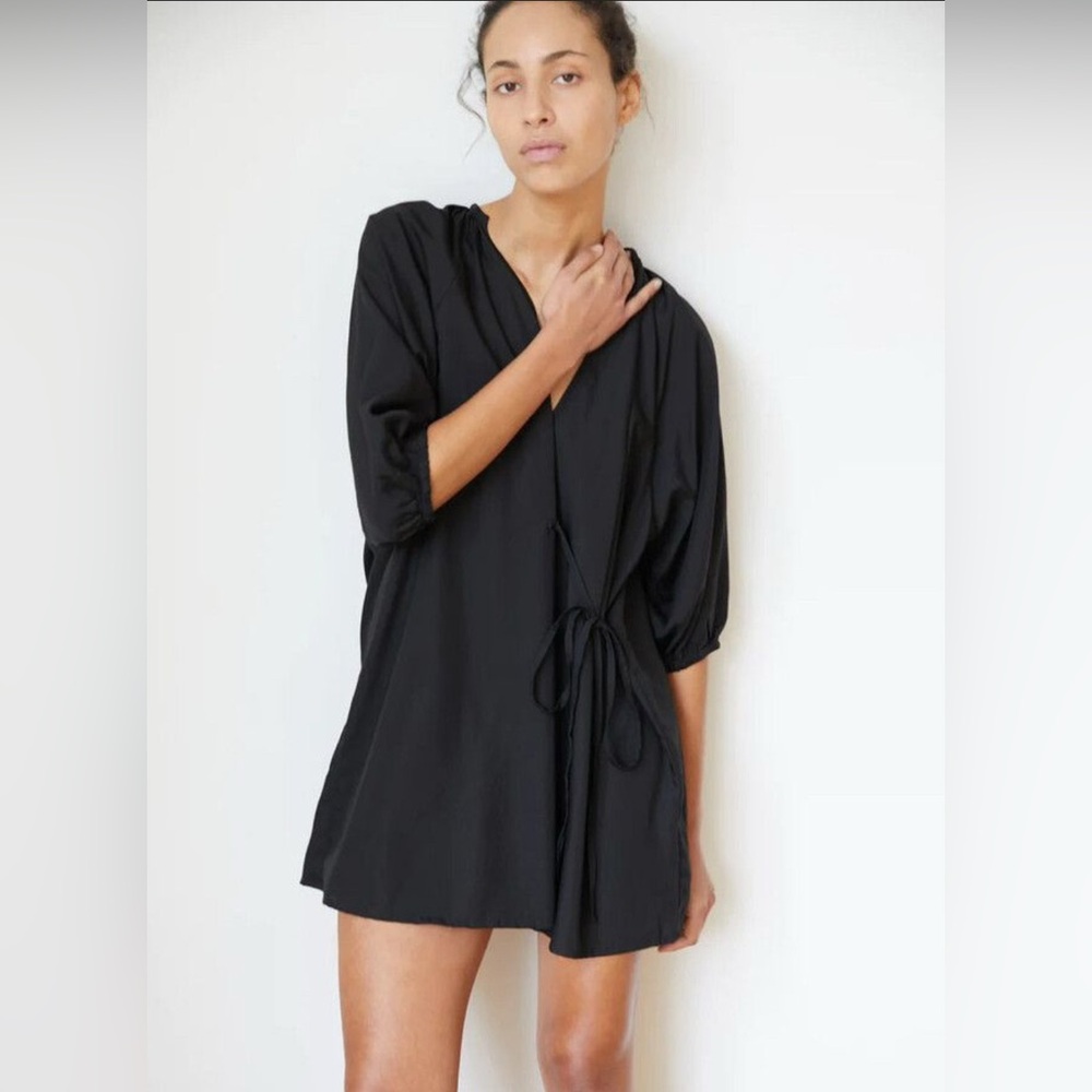 Deiji Studios black linen wrap dress